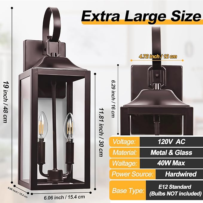 19" Oil Rubbed Bronze Outdoor Wall Lantern 2-Light, Large Outside Modern Sconce Light Fixture, Brown Porch Light Wall Mount with Glass, Waterproof Farmhouse Exterior Lamp Lighting, 2 Pack