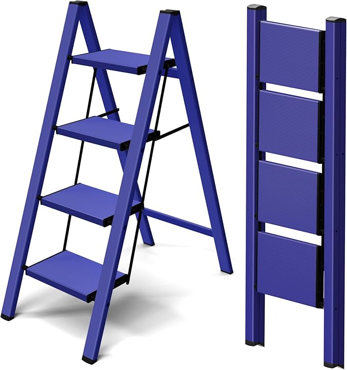 Taranta 4 Step Ladder,Aluminum Lightweight Folding 4 Step Stool with Anti-Slip Wide Pedal,330lbs Capacity Step Ladder for Household,Kitchen,Office - Blue