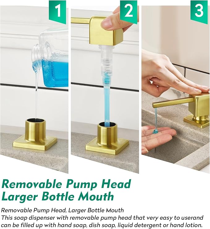 CREA Brushed Gold Soap Dispenser for Kitchen Sink, Kitchen Soap Dispenser Gold Square Built in Sink Soap Dispenser for Bathroom with 17 OZ Bottle