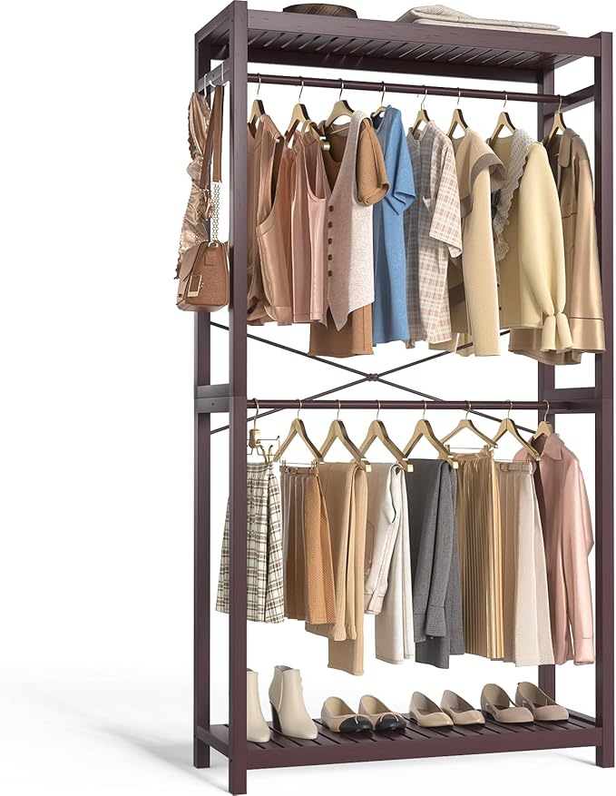 Homykic Bamboo Clothes Rack with Shelves and Double Hang Rods, Portable Closet System Garment Rack for Hanging Clothes, Tall Clothing Rack Corner Closet Organizer, Easy to Built, Espresso