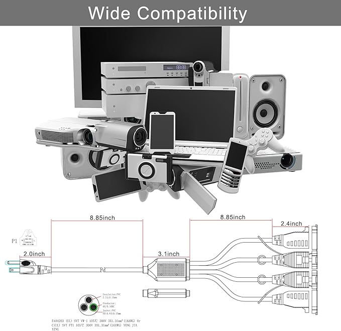KUNCAN 4-Outlet Power Splitter Cord - 3 Prong 1 to 4 Way Male to Female Multi Plug Adapter, 1.5FT 16AWG 13A Y Style Extension Cord with Outlet Cover for Computer, LED Stage Light (White 1-Pack)