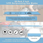 20 Pack 9 Inch 14 Tpi Reciprocating Saw Blades for Sheet Metal, Pipes, PVC Plastic, Profiles Cutting, Bi-Metal Sawzall Blades with 8% Cobalt for Longer Life and Faster Cutting Speed