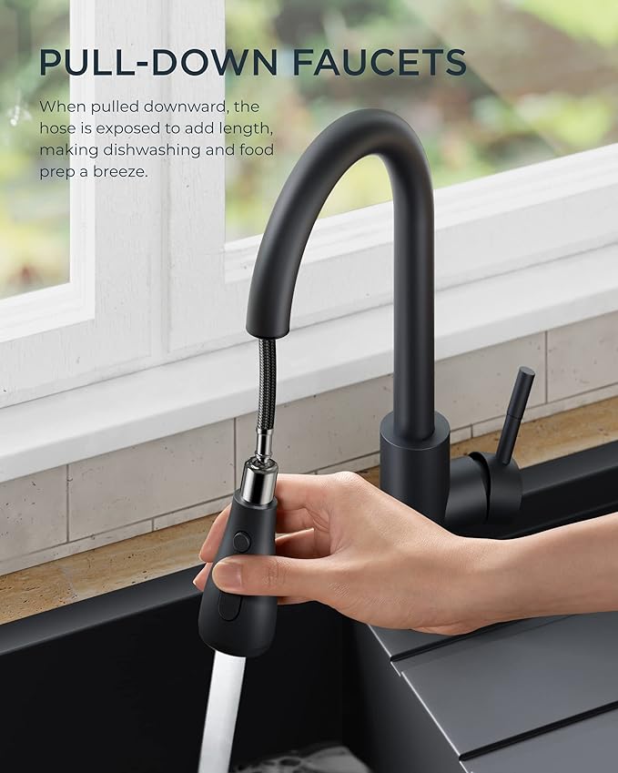 FORIOUS Black Kitchen Faucet with Pull Down Sprayer, High Arc Single Handle Classic Stainless Steel Sink Faucet 1 or 3 Hole, Suitable for Farmhouse Camper Laundry Rv Bar