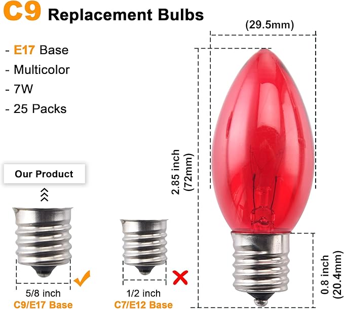 Colorful 25 Pack C9 Christmas Bulbs Replacement - Multicolor Incandescent Bulbs, Christmas Light Bulb for Holiday String Lights, Indoor/Outdoor Decorations, 7 Watt