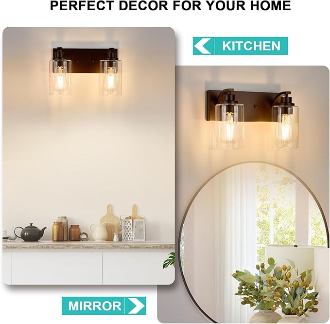 2-Light Bathroom Light Fixtures Modern ORB Vanity Lights for Bathroom Lighting Fixtures Over Mirror with Clear Glass Shade for Cabinet Mirror Bedroom Hallway