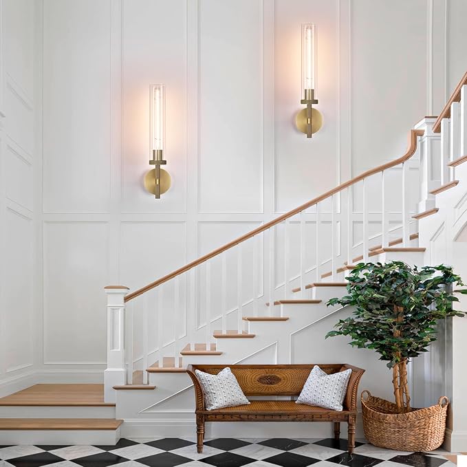 Modern Brass Hardwired Wall Sconces, 21'' Knurled Bathroom Wall Sconce, Indoor Wall Sconce,Copper and Tube Glass Vanity Light, for Living, Bedroom, Hallway, Staircases, Include Bulbs