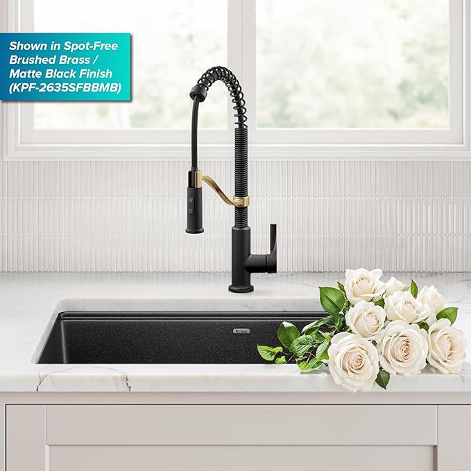 KRAUS Torak Pull Down Kitchen Faucet in Spot-Free Stainless Steel with Commercial Style Spring Spout, 2 Function Sprayer, Pre-Attached Water Lines, and Mounting Hardware, KPF-2635SFS