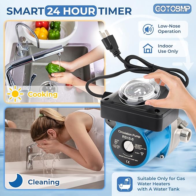 Hot Water Recirculating Pump Kit, Circulation Pump, with Brass Sensor Valve Kit, 1/2’’ Stainless Steel Braided Hose, and Water Heater Timer for Tank Water Heaters