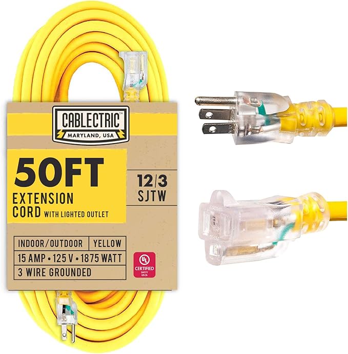 12 Gauge Outdoor Extension Cord 50 ft, 12/3 Heavy Duty Extension Cord 3 Prong Lighted End 50 Foot, SJTW Weatherproof Industrial Electrical Cable for Major Appliances, Proudly American Brand