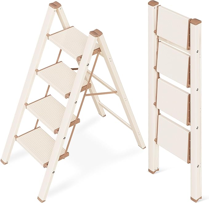 GameGem 4 Step Ladder, Aluminum Folding Step Stool with Anti-Slip Sturdy and Wide Pedal, Lightweight Portable Stepladder for Home and Kitchen Use Space Saving, 330 lbs, Chocolate White
