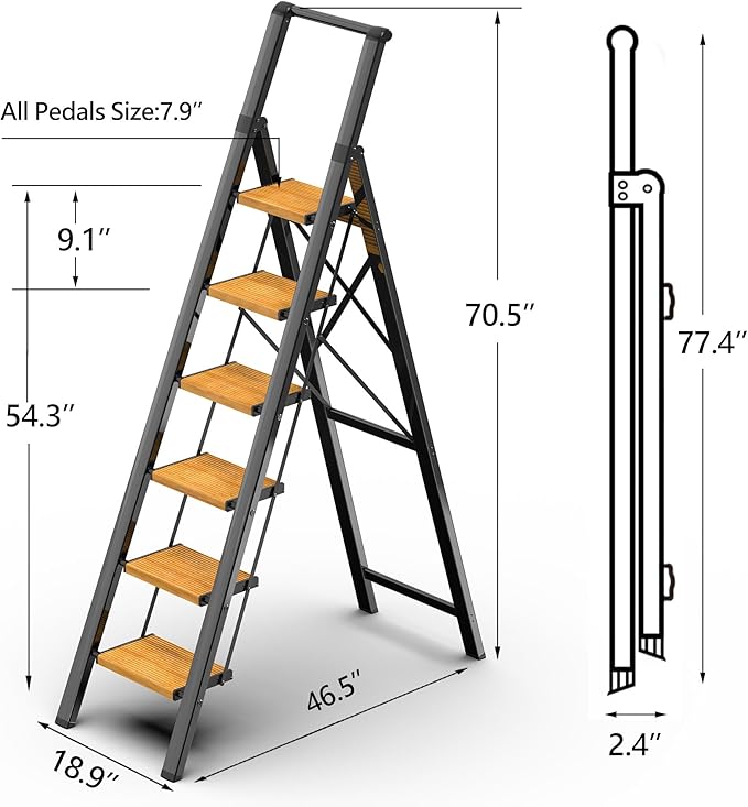GameGem 6 Step Ladder for 12 Feet High Ceiling, Lightweight Aluminum Folding Step Stool with Convenient Handgrip, Stepladders with Anti-Slip and Wide Pedal for Home Use Space Saving - Black+Woodgrain
