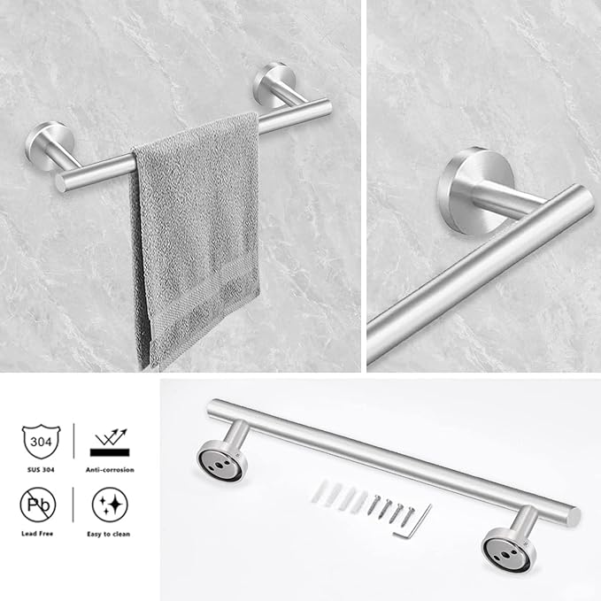 Cilee 10 Piece Brushed Nickel Bathroom Accessories Set, 24inch Brushed Nickel Towel Bar Ring+Toilet Paper Holder+ Robe Towel Hook SUS304 Stainless Steel Bathroon Hardware Set