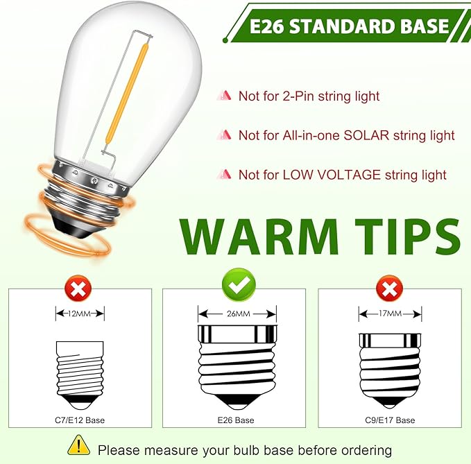 LED S14 Replacement Light Bulbs for Patio String Light, Shatterproof & Waterproof Hanging Light Bulbs for Outdoor String Lights, Dimmable, E26 Base, 24 Pack