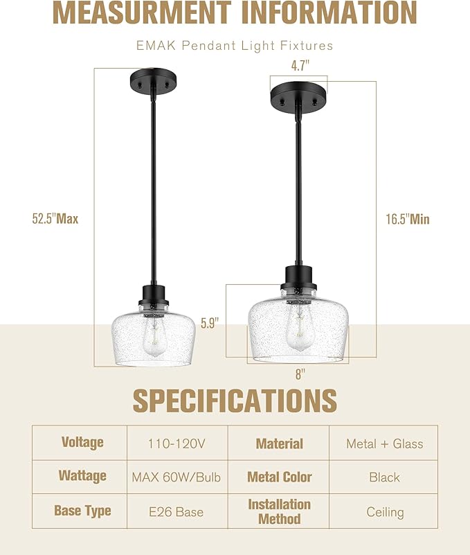 Emak 2 Pack Pendant Lights Kitchen Island, 8 Inch Black Pendant Light with Seeded Glass Shade, Modern Farmhouse Hanging Light Fixture for Kitchen Island, Bathroom, Bedroom, PL122-BK-2PK