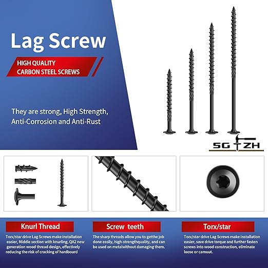 #14 x 4 Inch Lag Screws (140Pcs) 4lb. Structural Wood Screw, Black, Carbon Steel, Washer Head, Rust Resistant epoxy Coated, T30 Star Bit