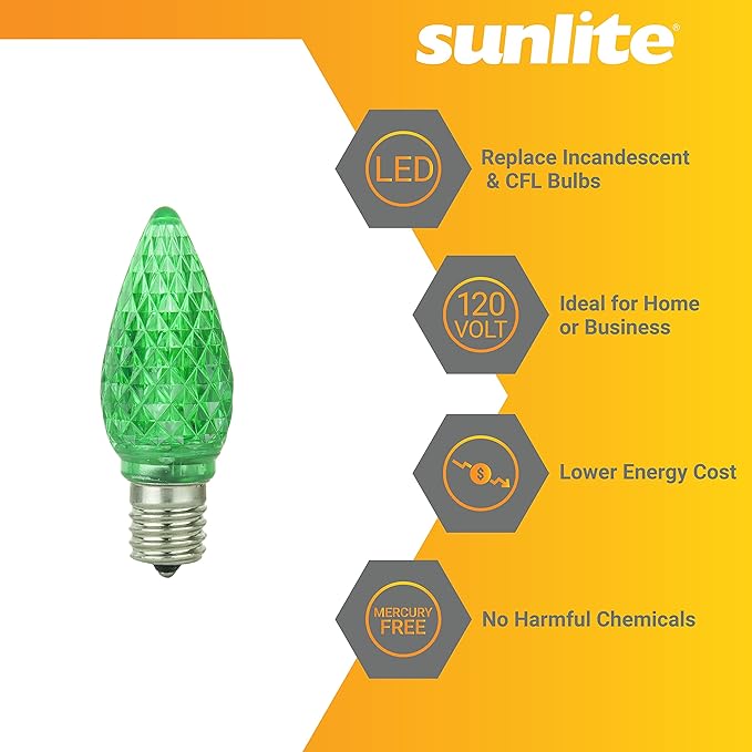 Sunlite 40464 LED C9, Holiday Decorative Light Bulb, 0.4 Watts, E17 Intermediate Base, Faceted Christmas-Lights; Nightlight, Green, 24 Count