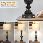 28" Farmhouse Table Lamps Set of 2, Retro Lamps for Living Room with USB C+A Ports & AC Outlet, 3 Way Touch Control Resin Bedside Lamp, Rustic Bedroom Lamp for Nightstand Side End Table Desk, Black