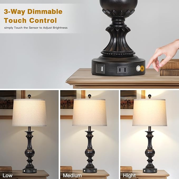 28" Farmhouse Table Lamps Set of 2, Retro Lamps for Living Room with USB C+A Ports & AC Outlet, 3 Way Touch Control Resin Bedside Lamp, Rustic Bedroom Lamp for Nightstand Side End Table Desk, Black