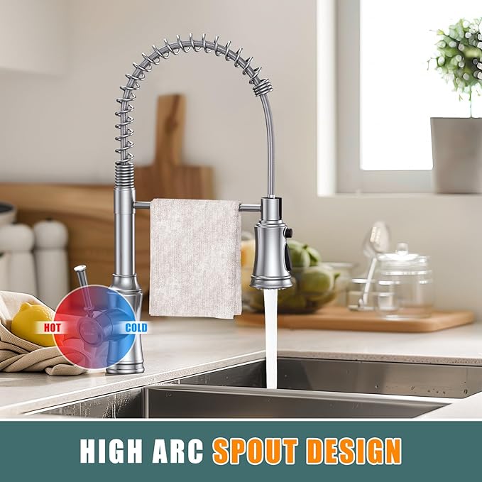 Kitchen Faucet with Pull Down Sprayer, Hurran Commercial Stainless Steel Kithcen Faucets, Single Handle Spring Faucets for Kitchen Sink, Sink Faucet for Farmhouse Wet Bar or RV, Brushed Nickel
