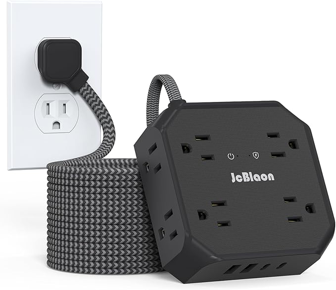 Surge Protector Power Strip-15 Ft Flat Plug Extension Cord with 8 Widely Outlets and 4 USB Ports(2 USB C) Multi Plug Outlet Extender for Office, School, Travel and Dorm Room Essentials-Black