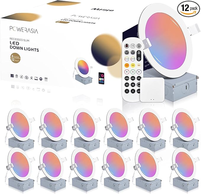 12 Pack Smart Recessed Lighting 6 Inch, Ultra-Thin LED Recessed Lighting 12W 1200LM Smart Downlight with Junction Box, Compatible with Alexa/Google Assistant - ETL and Energy Star Certified