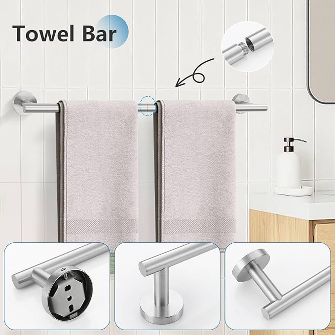 TNOMS Brushed Nickel 5 Pieces Towel Bar Set Bathroom Hardware Set Upgraded Towel Hooks,Towel Holder Set for Bathroom Stainless Steel Wall Mounted 23.6 Inch