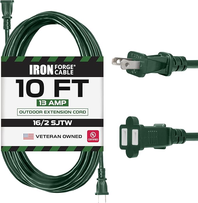Iron Forge Cable 2 Prong Outdoor Extension Cord 10 ft - 16 Gauge 13 Amp Heavy Duty Power Extension Cords - SJTW - Great for Landscaping, Lawn, Outdoor Lights - Green