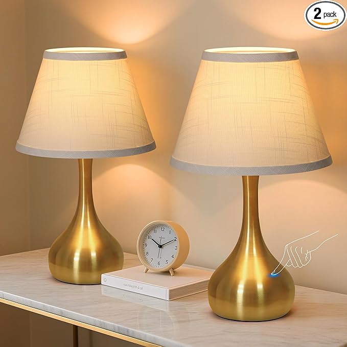 Touch Table Lamp for Bedroom Set of 2, 3-Way Dimmable Bedside Lamp for Nightstand, 17” Modern Metal Desk Lamp with Linen Shade for Living Room, Kids Reading, Dorm, Home Office Decor, Bulb Included