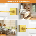 Probrico Gold Privacy Door Handle Lockset Heavy Duty Square Satin Brass Interior Door Lever for Bedroom or Bathroom Reversible Keyless Handleset Door Knob Slim Handed Levers, 3 Pack