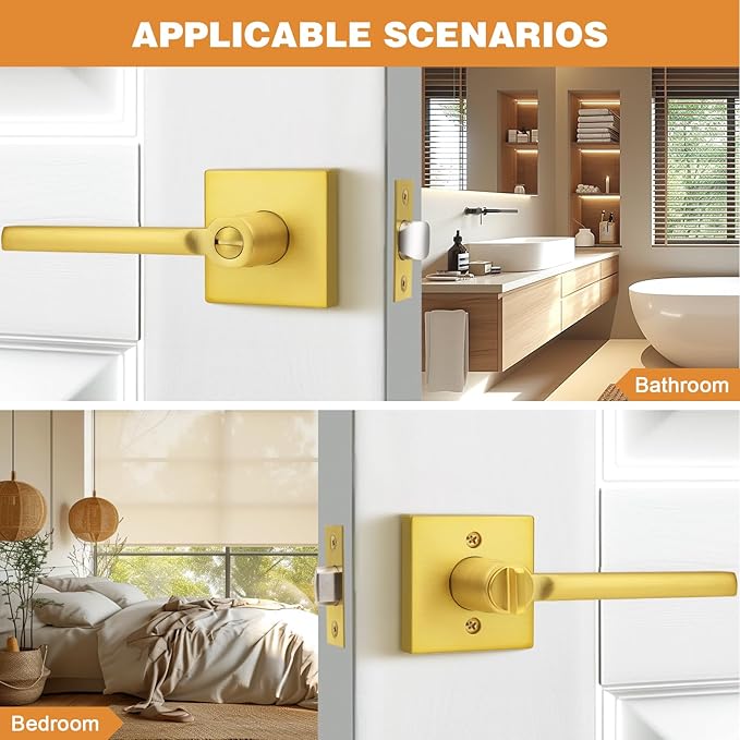 Probrico Gold Privacy Door Handle Lockset Heavy Duty Square Satin Brass Interior Door Lever for Bedroom or Bathroom Reversible Keyless Handleset Door Knob Slim Handed Levers, 6 Pack