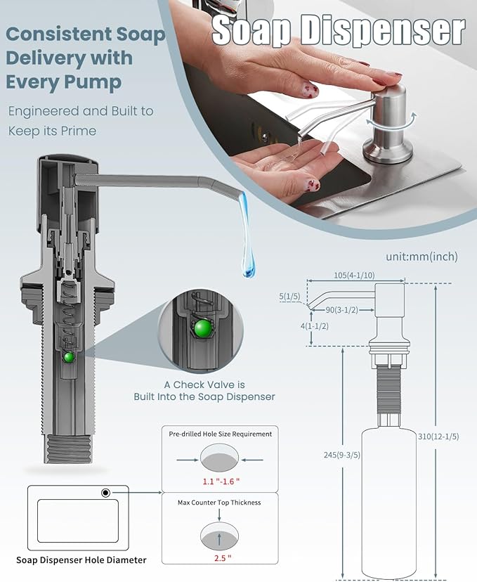 Kitchen Faucet with LED Light,Kitchen Faucet with Soap Dispenser,Faucet for Camper Farmhouse RV Kitchen Sink,Single Handle Stainless Steel Kitchen Sink Faucets with Pull Down Sprayer,Nickel Brushed