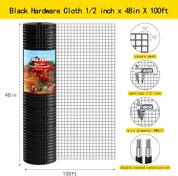 Thinkahead Black Steel 1/2 inch 48 X 100 ft 19 Gauge Vinyl PVC Coated Wire Mesh Roll Galvanized Hardware Cloth