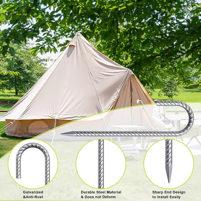 AAGUT Rebar Stakes 12 inch Galvanized Metal Tent Stakes 3/8" Heavy Duty Ground Anchor Stake for Large Canopy and Fence, J Hook Stakes Easy to Push into Hard Soil,12 Pack