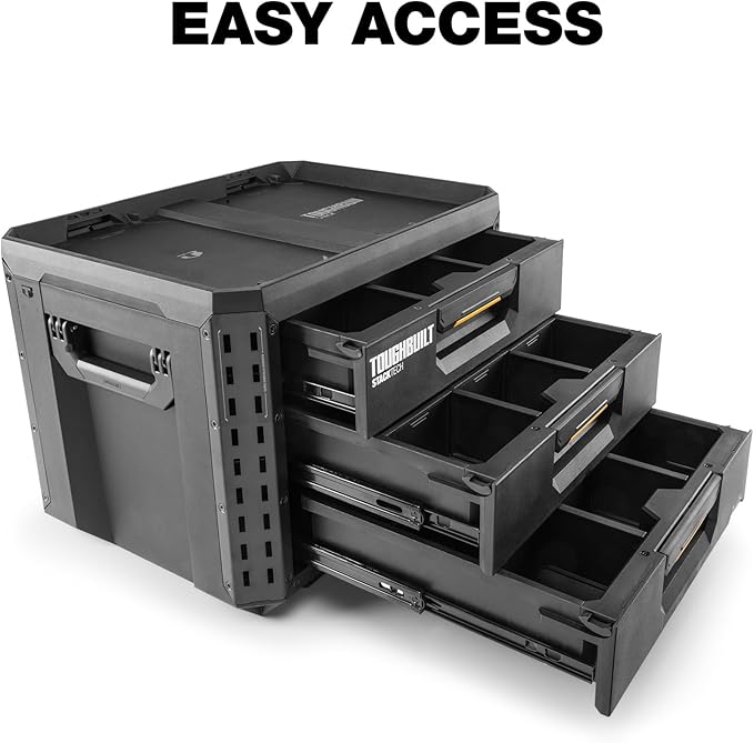 ToughBuilt StackTech XL 3 Drawer Tool Box, Heavy-Duty Portable Tools Chest, 50 lb Capacity - Stackable Toolbox Storage Organizer with 22 Dividers, Auto-Latching Drawers and Accessory Rails