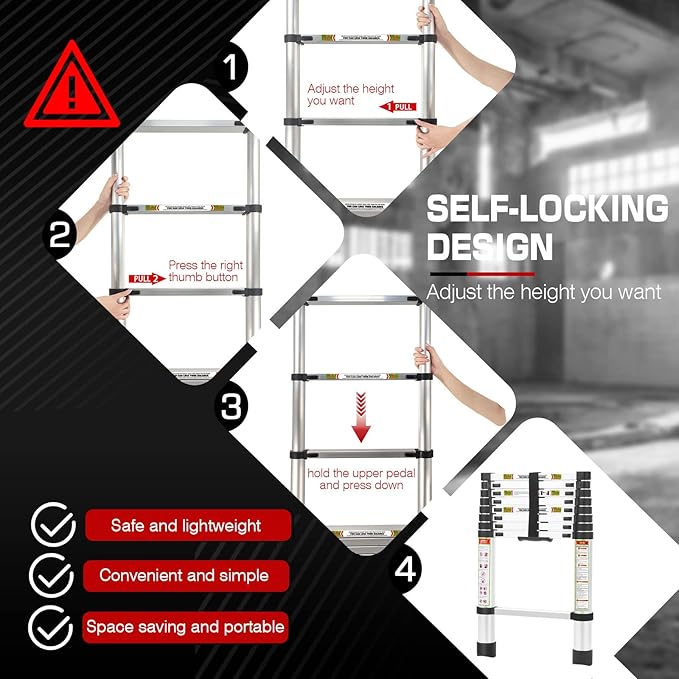 RIKADE Telescoping Ladder 16.5FT & Attic Ladder, Heavy Duty Aluminum with Non-Slip Feet, 330lb Capacity for RV, Attic, Loft & Multi-Surface Use
