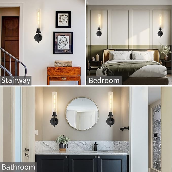 Black Wall Sconces Set of Two, 19" Knurled Black Sconces Wall Lighting, Tube Glass Bathroom Sconces Wall Lights for Bedroom Living Room Vanity Sconce Wall Lamp for Hallway, Staircase
