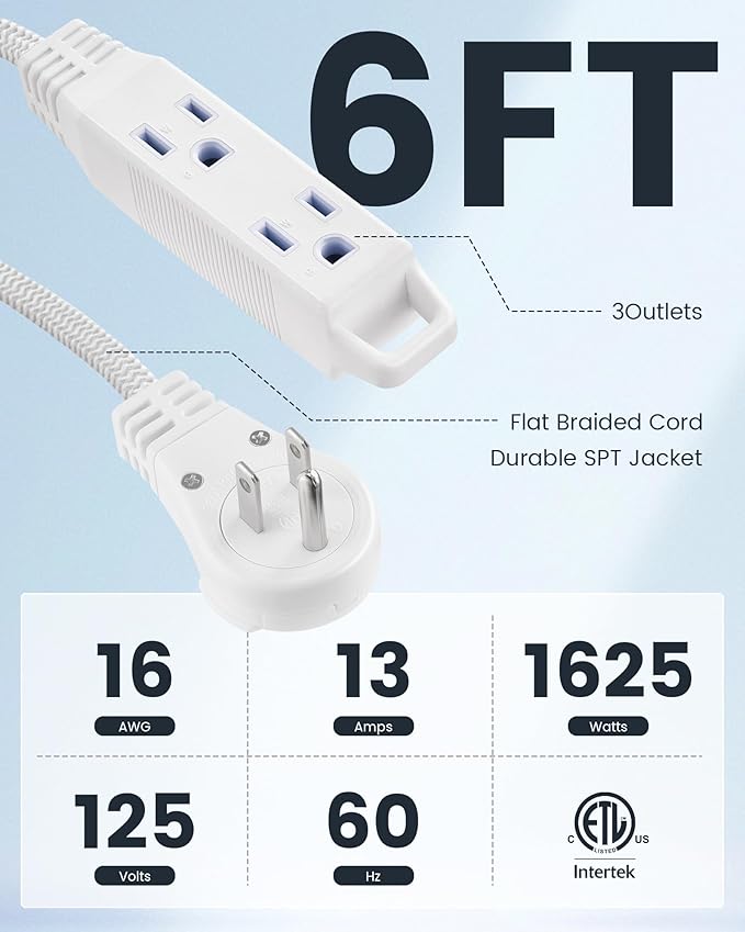 SURAIELEC 6FT Flat Extension Cord with 360° Rotating Plug, Braided Flat Plug with 3 Outlets, 16 AWG Thin White Extension Cord for Indoor Use, Home, Office, Compact Spaces, ETL Listed
