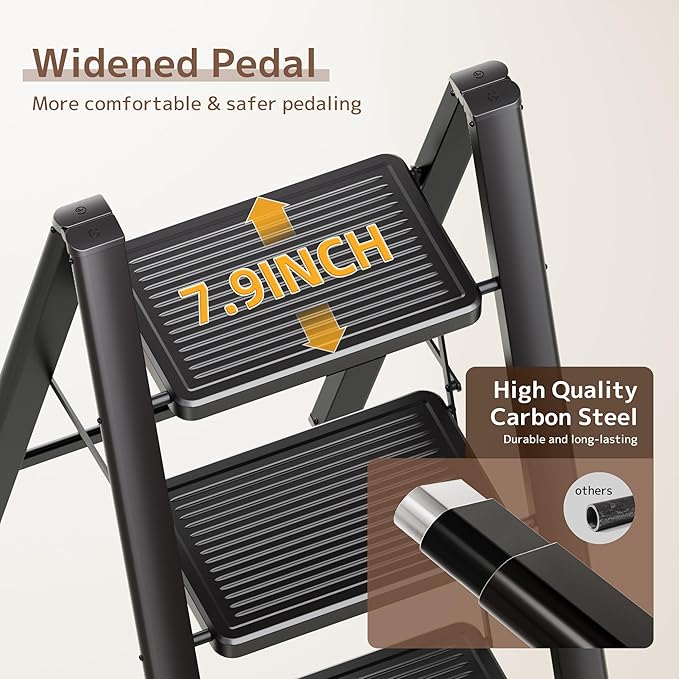 GameGem 2 Step Ladder Folding Step Stool with Wide Anti-Slip Pedal, 330LBS Capacity, Lightweight Portable Stepladder for Home and Kitchen Use, Black