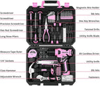DEKOPRO Drill Set, Home Tool Set with 8V Pink Cordless Drill, Hand Tool Kit for Women, 126 pcs