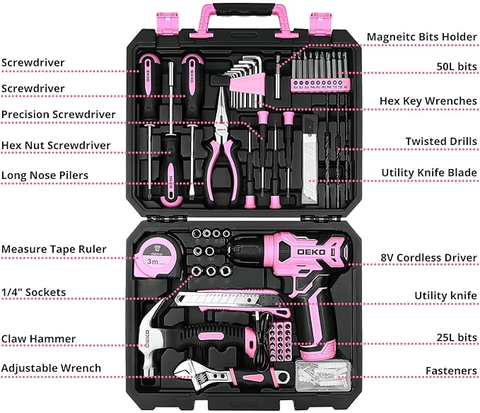 DEKOPRO Drill Set, Home Tool Set with 8V Pink Cordless Drill, Hand Tool Kit for Women, 126 pcs