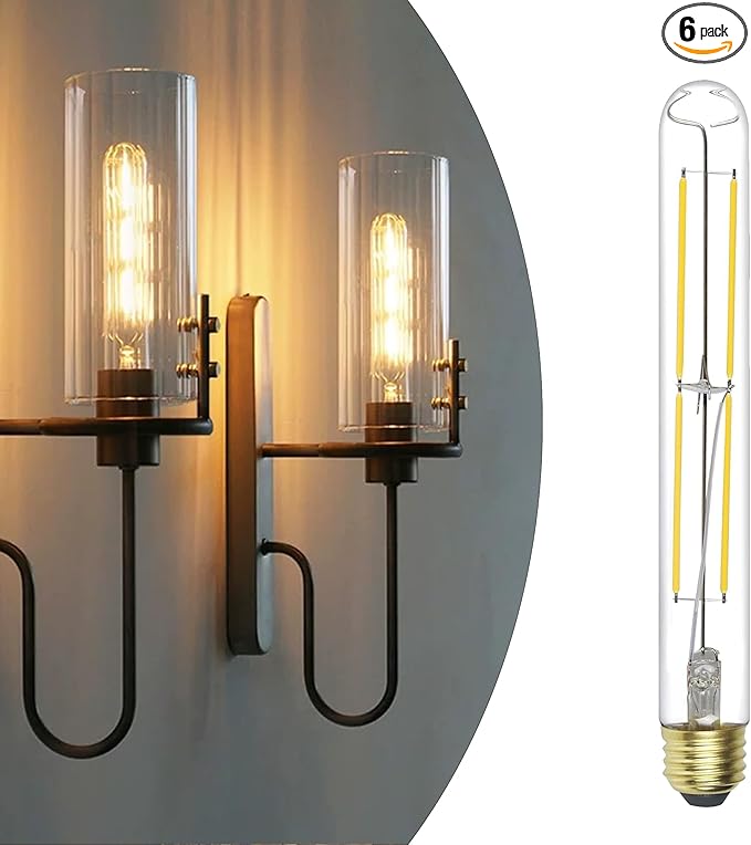E26 Dimmable Led Tubular Light Bulbs, 60 Watt Equivalent,8.9 inch T10 Long Edison Bulbs, 6W 2700K Warm White 600LM Dimmable Warm Light, Vintage Clear Tube Edison Bulbs for Desk Lamps,Wall Sconces