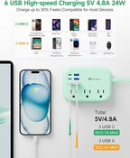 6 USB(3 USB C) Green Travel Power Strip- 5Ft Green Extension Cord with 6 USB Charging Station 24W and 3 Outlets, Cute Desk Accessories for Cruise Travel Kawaii Home Office Dorm Room