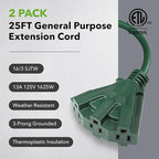 BN-LINK 25Ft Outdoor Extension Cord with 3 Outlets, 2-Pack, 16/3 SJTW, 13-Amp Power Cord for Lighting, Landscaping & Holiday Decorations, Grounded, ETL Listed