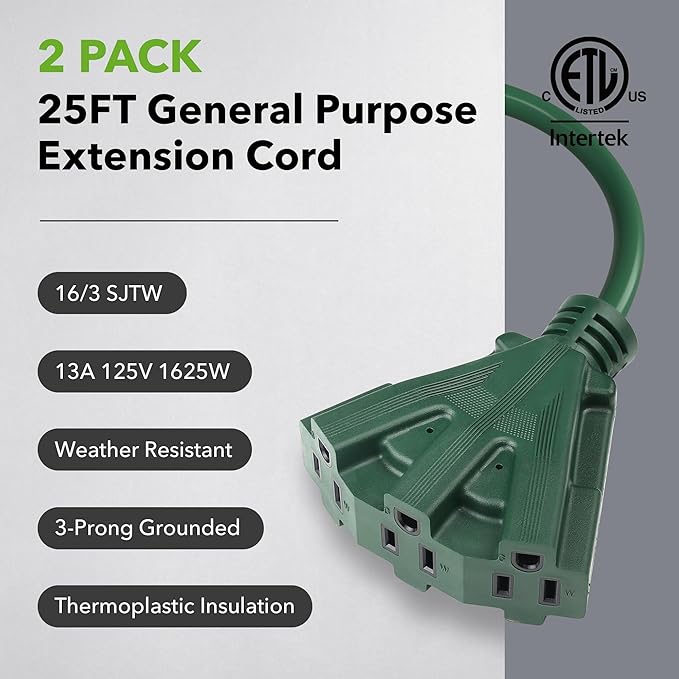 BN-LINK 25Ft Outdoor Extension Cord with 3 Outlets, 2-Pack, 16/3 SJTW, 13-Amp Power Cord for Lighting, Landscaping & Holiday Decorations, Grounded, ETL Listed