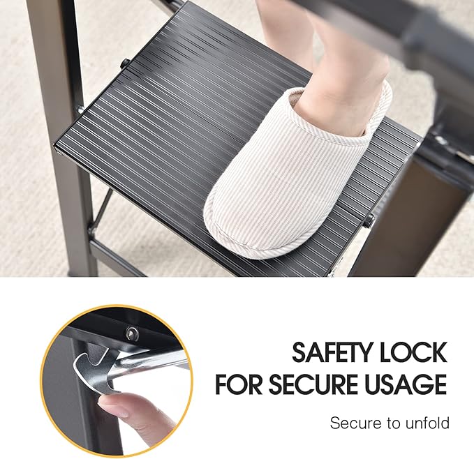 KINGRACK Aluminium 3 Step Ladder, Lightweight Step Stool with Non-Slip Pedals, Handrail, 330 LBS Foldable Step Ladder for Kitchen, Garage, Home, Space Saving, Sturdy and Portable, Black