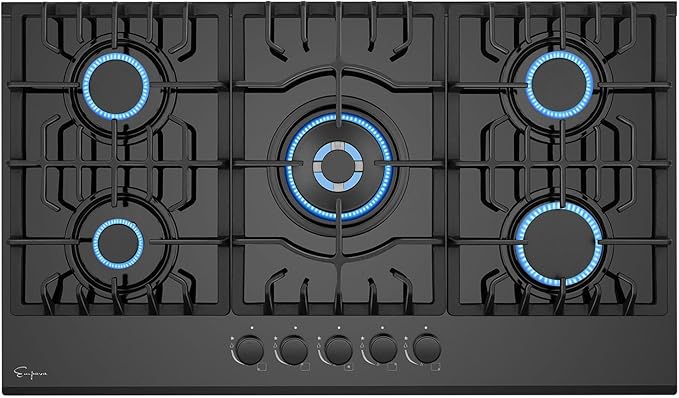 Empava 36" Bulit-in Tempered Glass Gas Cooktops 5 Italy Imported Sabaf Burners Stove Tops, 36 Inch, Black