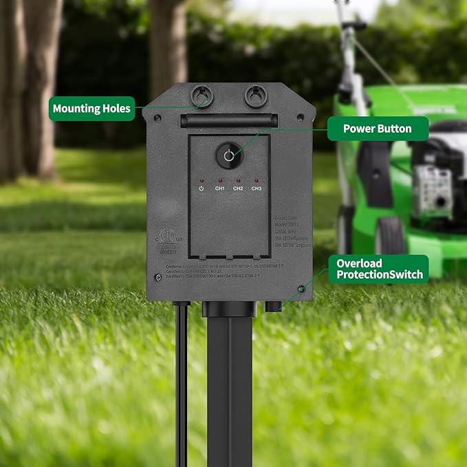 Outdoor Power Stake, 25 Feet Extension Cord Waterproof, Independently Remote Control 3 Sets of Outlets, 6 Grounded Outlets for Garden, Patio, Outdoor Decor, ETL Listed