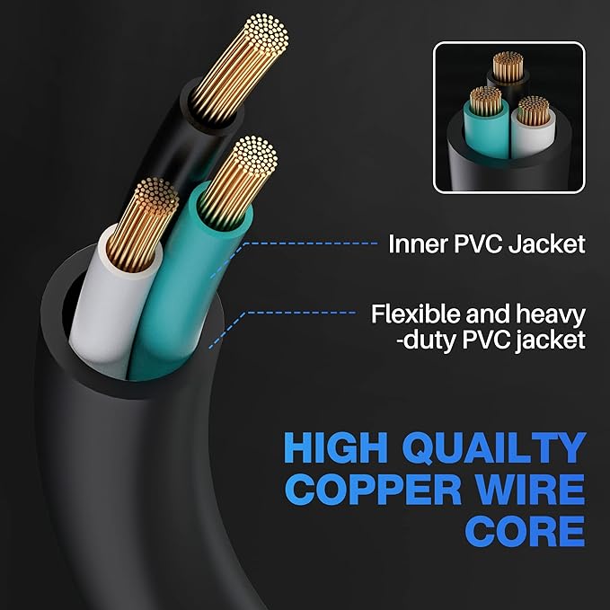 3 Prong Power Extension Cord with Multiple Outlets 25 FT, 16/3 Gauge Multi 3 Outlet Wire, 90 Degree Angled Male Plug, 16 AWG Grounded Wire (13A 125V 1625W), ETL Listed, Black Cable with 25 Cable Ties