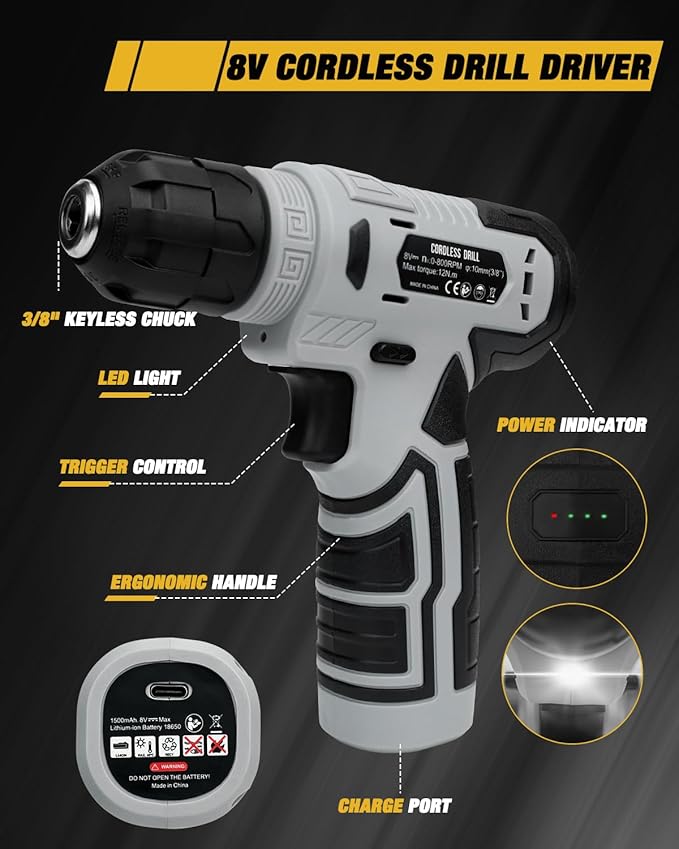 139-Piece Tool Set - Tool Kit with 8V Cordless Drill Driver in ToolBox Storage Case, General Household Drill Set for Home Repairs, Handyman, DIY Projects