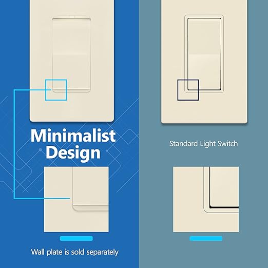 LIDER Minimalist Design Matte Finish Lighted Decorator Switch, Frameless Paddle Light Switch with Locator Light, Grounding Screw, 15A 125V, UL Listed, LS15-1P-LA, Light Almond